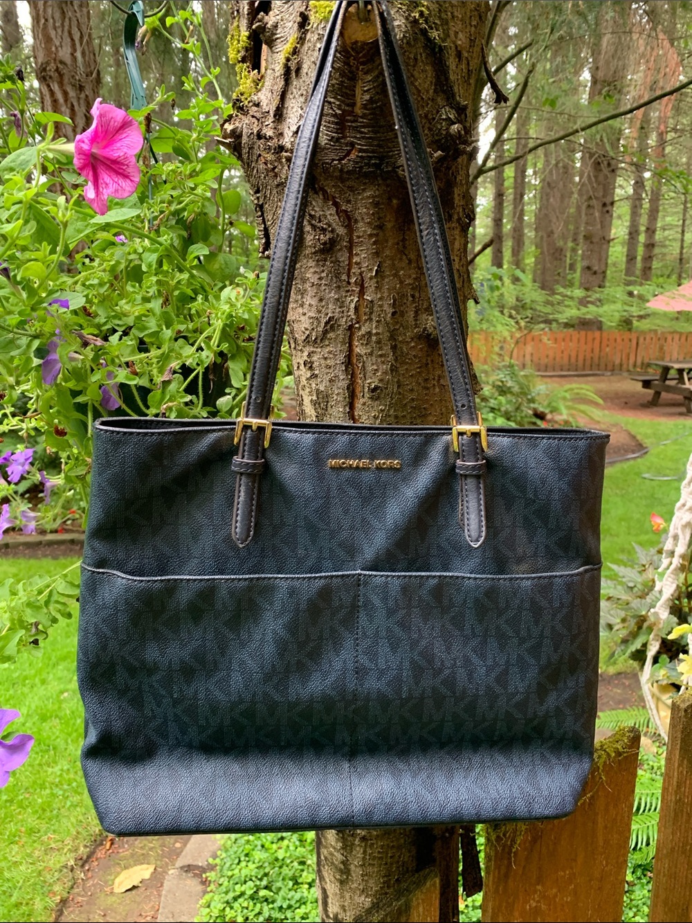 Michael Kors Dark Blue MK Signature Tote with Gold Accents